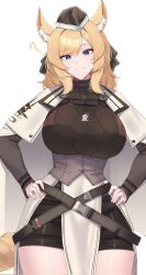 Rule 34 | 1girl, ?, animal ear fluff, animal ears, arknights, black headwear, blonde hair, blue eyes, breasts, cape, commentary, cowboy shot, hands on own hips, hat, head tilt, highres, horse ears, horse girl, horse tail, kanta (kanta 077), large breasts, long hair, long sleeves, looking at viewer, mini hat, simple background, smile, solo, tail, whislash (arknights), white background, white cape