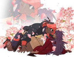 Rule 34 | 2boys, all fours, black footwear, black hair, black hoodie, commentary request, creatures (company), dark-skinned male, dark skin, earrings, eye contact, facial hair, falling petals, flower, game freak, headband, highres, hood, hoodie, jewelry, korean commentary, leon (pokemon), long hair, looking at another, male focus, multiple boys, nintendo, open mouth, orange headband, parted lips, petals, pink flower, pokemon, pokemon swsh, purple hair, raihan (pokemon), redlhzz, shoes, short hair, shorts, side slit, side slit shorts, undercut, white background