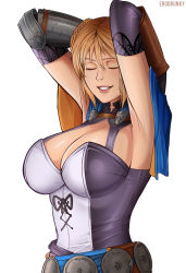 Rule 34 | 1girl, ancient greek clothes, armpits, arms behind head, arms up, belt, blonde hair, blue capelet, breasts, capelet, cleavage, cleavage cutout, closed eyes, clothing cutout, commentary, commission, elbow gloves, english commentary, erodrunky, gauntlets, gloves, greco-roman clothes, hands in hair, highres, large breasts, lips, loose belt, namco, purple gloves, short hair, single gauntlet, smile, solo, sophitia alexandra, soul calibur, soulcalibur, soulcalibur vi, teeth, updo, upper body, vambraces