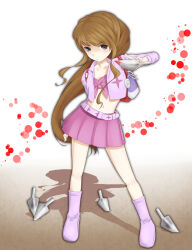 Rule 34 | 1girl, backpack, bag, belt, blood, blood splatter, bloody knife, bloody weapon, boots, brown hair, commentary request, cropped jacket, dagger, full body, grey eyes, hand up, holding, holding dagger, holding knife, holding weapon, jacket, knife, kunai, long hair, long sleeves, looking at viewer, midriff, miniskirt, navel, ninja, open clothes, open jacket, oumi shuri, parted lips, petite, pink shirt, pink skirt, pleated skirt, purple belt, purple footwear, purple jacket, shadow, shin (highest1192), shirt, skirt, solo, standing, stomach, tied shirt, toaru majutsu no index, toaru majutsu no index: new testament, very long hair, weapon