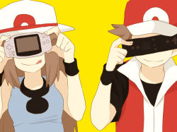 Rule 34 | 00s, 1boy, 1girl, bad id, bad pixiv id, baseball cap, brown hair, controller, creatures (company), game boy advance, game console, game controller, game freak, handheld game console, hat, holding, leaf (pokemon), long hair, nintendo, pokemon, pokemon frlg, pumpkinpan, red (pokemon), red (pokemon frlg), remote control (vocaloid), short hair, simple background, smile, tongue, vocaloid, wii, wii remote, wristband, yellow background