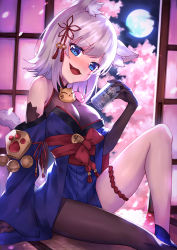 Rule 34 | 1girl, :d, absurdres, animal ear fluff, animal ears, asymmetrical legwear, bare shoulders, beer can, black gloves, black pantyhose, blue eyes, blue kimono, blue sleeves, blush, bow, breasts, brown socks, can, commentary request, copyright request, detached sleeves, drink can, elbow gloves, fang, full moon, gloves, hand up, head tilt, highres, holding, holding can, indoors, japanese clothes, kimono, long sleeves, looking at viewer, masaki (msk064), medium breasts, moon, night, open mouth, pantyhose, red bow, silver hair, single leg pantyhose, single sock, sleeves past wrists, smile, socks, solo, uneven legwear, virtual youtuber, wide sleeves