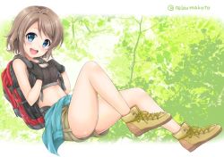 Rule 34 | 1girl, :d, backpack, bag, bare legs, black gloves, blue eyes, blush, clothes around waist, commentary request, crop top, gloves, grey hair, high tops, hiking, holding strap, jacket, jacket around waist, looking at viewer, love live!, love live! sunshine!!, midriff, open mouth, sakurai makoto (custom size), shoes, short hair, shorts, smile, sneakers, solo, twitter username, watanabe you