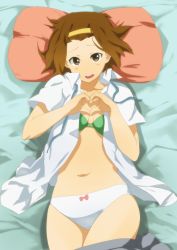 Rule 34 | 1girl, bad id, bad pixiv id, blush stickers, bow, bow panties, bra, breasts, brown eyes, brown hair, cleavage, clothes pull, hairband, heart, heart hands, k-on!, lingerie, lying, navel, nuezou, on back, open clothes, open shirt, panties, pillow, shirt, short hair, skirt, skirt pull, small breasts, solo, tainaka ritsu, underwear, white panties