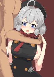 Rule 34 | 1boy, 1girl, ahoge, amidori, azur lane, bar censor, beret, blue eyes, blush, breasts, censored, commentary request, grey hair, hair between eyes, hat, highres, large breasts, nipple slip, nipples, open mouth, paizuri, penis, red background, short hair, simple background, sleeveless, solo focus, z28 (azur lane)