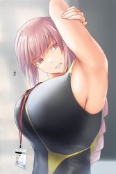 Rule 34 | 1girl, armpits, arms up, bare shoulders, black one-piece swimsuit, blush, braid, breasts, competition swimsuit, fate/grand order, fate (series), female focus, florence nightingale (fate), gachou, highres, huge breasts, id card, lanyard, large breasts, long hair, looking at viewer, name tag, one-piece swimsuit, parted lips, pink eyes, pink hair, single braid, solo, swimsuit, translation request