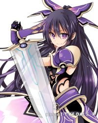 Rule 34 | 1girl, armor, armored dress, bag, black bow, black gloves, black hair, bow, date a live, gloves, hair between eyes, hair bow, hibiki mio, high ponytail, holding, holding sword, holding weapon, long hair, looking at viewer, pauldrons, purple bow, purple eyes, shoulder armor, simple background, smile, solo, standing, sword, very long hair, weapon, white background, yatogami tooka