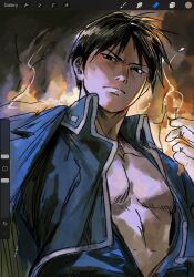 1boy alchemy black_hair fire fullmetal_alchemist furrowed_brow gloves highres open_clothes open_shirt roy_mustang sabertoon_artt topless_male white_gloves