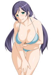 Rule 34 | 10s, 1girl, bad id, bad pixiv id, bikini, blush, breasts, cleavage, cleavage reach, clothes pull, cowboy shot, green eyes, hand on own thigh, hand on thigh, large breasts, leaning forward, long hair, love live!, love live! school idol project, low twintails, naughty face, obmas, pulling own clothes, purple hair, scrunchie, smile, solo, standing, swimsuit, thigh gap, tojo nozomi, twintails