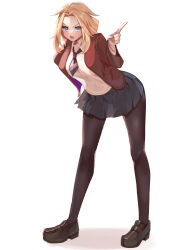 Rule 34 | 1girl, bent over, black necktie, black pantyhose, black skirt, blonde hair, blue eyes, blush, collared shirt, creatures (company), game freak, highres, index finger raised, jacket, lass (pokemon), loafers, looking at viewer, medium hair, miniskirt, momdy (talesshinja), necktie, nintendo, open clothes, open jacket, open mouth, pantyhose, parted bangs, pokemon, pokemon swsh, red jacket, see-through silhouette, shirt, shoes, simple background, skirt, solo, standing, white background, white shirt