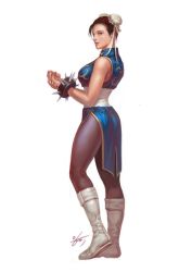 Rule 34 | 1girl, bare shoulders, boots, bracelet, breasts, brown eyes, brown hair, bun cover, capcom, china dress, chinese clothes, chun-li, double bun, dress, earrings, female focus, from side, full body, in-hyuk lee, jewelry, knee boots, large breasts, lips, nose, pantyhose, pelvic curtain, sash, short hair, side slit, sleeveless, solo, spiked bracelet, spikes, standing, street fighter, white footwear