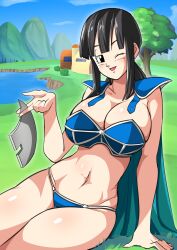 Rule 34 | 1girl, absurdres, black eyes, black hair, blunt bangs, breasts, chi-chi (dragon ball), cleavage, cloud, day, dragon ball, dragon ball (classic), etzelin, feet out of frame, female focus, grass, groin, highres, house, large breasts, legs, long hair, looking at viewer, navel, one eye closed, open mouth, outdoors, shoulder pads, sitting, sky, smile, solo, strapless, thighs, tree, tube top, wink