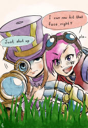 Rule 34 | &gt;:d, 2girls, :d, absurdres, blue eyes, blush, breasts, brown hair, caitlyn (league of legends), catnap knight kureto, cheek-to-cheek, choker, cleavage, english text, engrish text, frown, goggles, goggles on head, grass, gun, hat, heads together, highres, league of legends, mechanical arms, multiple girls, open mouth, pink hair, purple eyes, ranguage, rifle, scope, shaded face, single mechanical arm, smile, sniper rifle, top hat, v-shaped eyebrows, vi (league of legends), weapon