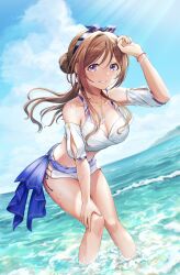 Rule 34 | 1girl, bare shoulders, bikini, blue eyes, breasts, brown hair, cleavage, gakuen idolmaster, hair bun, highres, himesaki rinami, idolmaster, large breasts, long hair, looking at viewer, partially submerged, ponpochi, purple eyes, smile, solo, swimsuit, white bikini