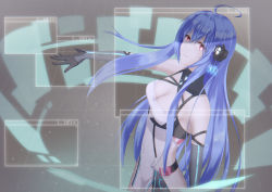 Rule 34 | 1girl, ahoge, azur lane, bad id, bad pixiv id, bare shoulders, black gloves, blue hair, breasts, cleavage, elbow gloves, from above, gloves, hair between eyes, helena (azur lane), helena (meta) (azur lane), highres, holographic interface, long hair, looking at viewer, medium breasts, pelvic curtain, red eyes, sleeveless, solo, tengatengu-hot, very long hair