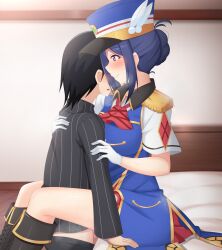 Rule 34 | 1boy, 1girl, aftersex, age difference, black footwear, black hair, blue hair, blush, boots, bottomless, breasts, breath, closed eyes, closed mouth, faceless, faceless male, gloves, hair bun, happy party train, hat, hetero, highres, large breasts, leg lock, long sleeves, love live!, love live! sunshine!!, matsuura kanan, medium hair, on bed, onee-shota, open mouth, paid reward available, paradox 1818, penis, sitting, smile, standing, sweat, tagme, testicles, turtleneck, uniform, veins, veiny penis, white gloves
