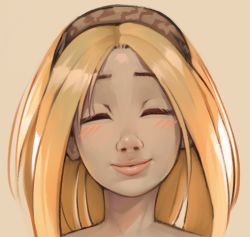 Rule 34 | 1girl, blonde hair, blush, brown background, brown hairband, closed eyes, closed mouth, dark-skinned female, dark skin, face, female focus, gravity daze, hairband, happy, kitten (gravity daze), lips, long hair, simple background, smile, solo, wamudraws