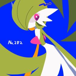 Rule 34 | 1girl, 4shiki, blue background, bob cut, colored skin, creatures (company), female focus, flat chest, game freak, gardevoir, gen 3 pokemon, green hair, green skin, hair over one eye, highres, looking to the side, multicolored skin, nintendo, one eye covered, pokedex number, pokemon, pokemon (creature), red eyes, short hair, simple background, sketch, solo, standing, two-tone skin, white skin