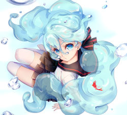 Rule 34 | 1girl, bad id, bad pixiv id, black skirt, blue eyes, blue hair, bottle miku, bubble, closed mouth, fish, hatsune miku, koi, long hair, looking at viewer, skirt, solo, thighhighs, twintails, vocaloid, white thighhighs, yamano uzura