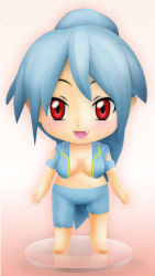 Rule 34 | 1girl, :d, azumad, barefoot, blue hair, blush, breast clinging, chibi, fallout (series), fallout 3, fang, fawkes, gender request, genderswap, long hair, looking at viewer, nendoroid, no bra, open mouth, pants, pointy ears, ponytail, red eyes, shirt, smile, solo, torn clothes, torn pants, torn shirt, vault suit, very long hair