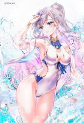 Rule 34 | 1girl, absurdres, aqua eyes, armpits, blue nails, braid, breasts, cleavage, covered navel, earrings, french braid, grey hair, highleg, highleg swimsuit, highres, hololive, hololive indonesia, jacket, jewelry, large breasts, long hair, nail polish, one-piece swimsuit, parted lips, pavolia reine, see-through, solo, sowon, swimsuit, thigh gap, twitter username, virtual youtuber, water