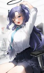Rule 34 | 1girl, ;o, armchair, arms behind head, arms up, black skirt, blue archive, blue necktie, chair, collared shirt, commentary request, gijang, halo, highres, long hair, long sleeves, looking at viewer, necktie, office chair, one eye closed, own hands clasped, own hands together, parted bangs, pleated skirt, purple eyes, purple hair, school uniform, shirt, sidelocks, simple background, sitting, skirt, sleepy, solo, stretching, summer uniform, swivel chair, triangle hair ornament, two side up, white shirt, yawning, yuuka (blue archive)