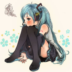 Rule 34 | 1girl, :t, aqua eyes, aqua hair, bad id, bad pixiv id, blush, boots, detached sleeves, own hands clasped, hatsune miku, headset, kicham, long hair, own hands together, sitting, skirt, solo, thigh boots, thighhighs, very long hair, vocaloid
