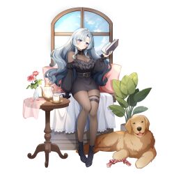 Rule 34 | 1girl, belt, black belt, black dress, black footwear, blue eyes, blue hair, blunt bangs, blush, bodystocking, book, breasts, cleavage, cup, detached collar, detached sleeves, dog, dress, eversoul, flower, frilled dress, frills, full body, game cg, highres, holding, holding book, long hair, long sleeves, looking at viewer, non-web source, official alternate costume, official alternate hairstyle, official art, pencil skirt, pillow, pink flower, plant, potted plant, puffy long sleeves, puffy sleeves, sitting, skirt, smile, swept bangs, table, tachi-e, teapot, thigh strap, transparent background, vase, wing collar, yuria (eversoul)