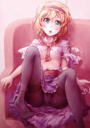 Rule 34 | 1girl, alice margatroid, aqua eyes, blonde hair, breasts, cameltoe, capelet, clothes lift, couch, covered erect nipples, hairband, highres, ikamagu, lolita hairband, looking at viewer, open mouth, panties, panties under pantyhose, pantyhose, sash, shirt, sitting, skirt, skirt lift, small breasts, solo, spread legs, thighband pantyhose, touhou, underwear