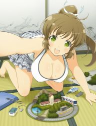 Rule 34 | 1girl, breasts, casual, cleavage, green eyes, happy, highres, large breasts, model, motochika (senran kagura), official art, open mouth, ponytail, senran kagura, senran kagura new wave, skirt, sweat, tank top, train, white tank top