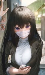 Rule 34 | 1girl, against wall, black hair, black jacket, blazer, blurry, breasts, commission, depth of field, embarrassed, highres, holding, holding phone, id card, jacket, kabedon, large breasts, lipstick mark, long hair, long sleeves, looking at viewer, mask, mole, mole under eye, mouth mask, original, outdoors, phone, purple eyes, road sign, sign, solo focus, stop sign, sweater, turtleneck, turtleneck sweater, upper body, white sweater, wing collar, zain (jiha3905)