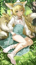 Rule 34 | 1girl, animal ears, arknights, blonde hair, blurry, bow, bowtie, clothes lift, commentary request, depth of field, devil heavens, forest, fox ears, fox girl, fox tail, grass, green eyes, hair between eyes, hairband, highres, kitsune, kyuubi, lifting own clothes, lolita hairband, long hair, long sleeves, looking at viewer, multicolored hair, multiple tails, nature, official alternate costume, outdoors, parted lips, red bow, red bowtie, shirt, sidelocks, sitting, skirt, skirt lift, socks, soles, solo, suzuran (arknights), suzuran (spring praise) (arknights), tail, toes, tree, two-tone hair, white shirt, white socks