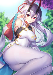Rule 34 | 1girl, blush, china dress, chinese clothes, detached sleeves, dress, fate/grand order, fate (series), grey hair, hair between eyes, heroic spirit traveling outfit, horns, iro ame (amewaagada), long hair, looking at viewer, oni horns, pantyhose, ponytail, red eyes, sitting, slit pupils, smile, solo, tomoe gozen (fate), tomoe gozen (traveling outfit) (fate), very long hair, white pantyhose, wide sleeves