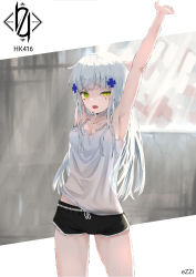 Rule 34 | 1girl, 404 (girls&#039; frontline), alternate costume, arm behind head, armpits, artist name, black shorts, blue hair, breasts, character name, collarbone, ezzi, feet out of frame, girls&#039; frontline, green eyes, hair ornament, hairclip, hand up, highres, hk416 (girls&#039; frontline), light blue hair, long hair, looking at viewer, medium breasts, open mouth, presenting armpit, shirt, shorts, simple background, solo, standing, teardrop facial mark, teardrop tattoo, white shirt