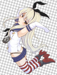 Rule 34 | 10s, 1girl, anchor, anchor hair ornament, armpits, arms up, ass, black panties, blonde hair, brown eyes, butt crack, crop top, elbow gloves, full body, gloves, hair ornament, hairband, highleg, highleg panties, jumping, kantai collection, leafy (kitsuneya), long hair, looking at viewer, microskirt, panties, sailor collar, shimakaze (kancolle), skirt, solo, striped clothes, striped thighhighs, thighhighs, thong, underwear, white gloves