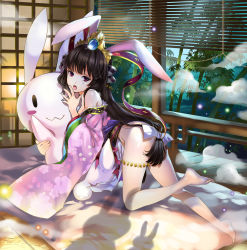 Rule 34 | 1girl, :3, animal ears, ass, bare shoulders, barefoot, bent over, black hair, window blinds, blush, blush stickers, bottomless, breasts, chushengdao, floral print, full body, furisode, futon, hair censor, head tilt, highres, indoors, japanese clothes, kaku-san-sei million arthur, kimono, light particles, long hair, low-tied long hair, million arthur (series), obi, off shoulder, on one knee, open mouth, pink eyes, rabbit ears, railing, sash, silhouette, smoke, solid oval eyes, solo, stuffed animal, stuffed rabbit, stuffed toy, tiara, tree, very long hair