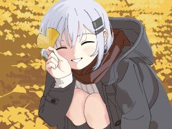 Rule 34 | 1girl, alternate costume, autumn leaves, black coat, blush, closed eyes, coat, day, facing viewer, feet out of frame, ginkgo leaf, grey hair, grin, hair ornament, hairclip, hand up, highres, holding, holding leaf, hood, hood down, hooded coat, knees to chest, leaf, long sleeves, outdoors, piezo, red scarf, ribbed sweater, scarf, short hair, smile, solo, squatting, sweater, white sweater, yama no susume, yukimura aoi