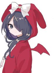 Rule 34 | 1girl, ame-chan (needy girl overdose), black eyes, black hair, bow, closed mouth, demon wings, fake wings, from side, hair down, hair ornament, hair over one eye, hood, hood up, hoodie, kabe (zp66104), long hair, long sleeves, looking at viewer, needy girl overdose, official alternate costume, official alternate hairstyle, red hoodie, red wings, simple background, smile, solo, upper body, white background, white bow, wings, x hair ornament