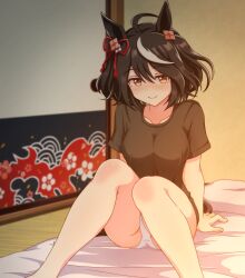 Rule 34 | 1girl, animal ears, blurry, blurry background, blush, breasts, casual, cleavage, collarbone, commentary request, commission, door, futon, hair ornament, highres, horse ears, jacket, kitasan black (umamusume), looking at viewer, medium breasts, medium hair, panties, pillow, red eyes, shiodanx, short hair, shorts, sitting, skeb commission, smile, solo, umamusume, underwear