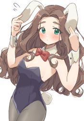Rule 34 | 1girl, animal ears, black leotard, black pantyhose, blush, bow, bowtie, breasts, brown hair, cleavage, detached sleeves, dutch angle, embarrassed, expressionless, flying sweatdrops, forehead, green eyes, highres, holding ears, idolmaster, idolmaster cinderella girls, kahiika, kusakabe wakaba, leotard, long hair, looking at viewer, pantyhose, parted bangs, playboy bunny, rabbit ears, rabbit tail, red bow, red bowtie, simple background, small breasts, solo, tail, thick eyebrows, very long hair, wavy hair, white background, wrist cuffs