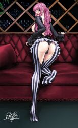 Rule 34 | 1girl, absurdres, alcohol, ass, bottle, couch, crotchless, dress, feet, frilled dress, frills, goth fashion, gothic lolita, highres, huge ass, legwear request, lolita fashion, long hair, looking at viewer, looking back, one piece, panties, pantyhose, perona, pin up, pink hair, sherumaru (korcht06), thong, underwear, very long hair, wide hips, wine, wine bottle