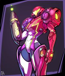 Rule 34 | 1girl, arm at side, arm cannon, cropped legs, energy, energy ball, energy cannon, energy weapon, glowing, gravity suit (metroid), helmet, highres, looking at viewer, malcontent, metroid, metroid dread, neon trim, nintendo, power suit, samus aran, solo, standing, weapon