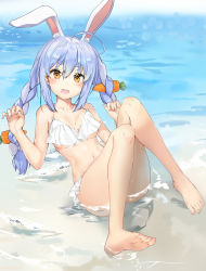 Rule 34 | 1girl, absurdres, ahoge, alternate costume, animal ears, bare legs, barefoot, bikini, blue hair, blush, braid, breasts, carrot hair ornament, collarbone, commentary, feet, food-themed hair ornament, frilled bikini, frills, hair between eyes, hair ornament, hands up, highres, hololive, knees up, leaning back, legs, long hair, looking at viewer, medium breasts, multicolored hair, navel, ocean, open mouth, orange eyes, outdoors, rabbit ears, rabbit girl, shiny skin, short eyebrows, sidelocks, sitting, solo, swimsuit, teeth, thick eyebrows, thighs, toes, twin braids, twintails, two-tone hair, underboob, upper teeth only, usada pekora, virtual youtuber, white hair, yuki (best010409)