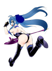 Rule 34 | 1girl, ass, black thighhighs, blue hair, highres, jason (kaiten kussaku kikou), long hair, lyrical nanoha, mahou shoujo lyrical nanoha, mahou shoujo lyrical nanoha a&#039;s, mahou shoujo lyrical nanoha a&#039;s portable: the battle of aces, levi the slasher, open mouth, simple background, smile, solo, thighhighs, vulnificus, white background