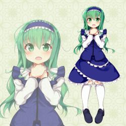 Rule 34 | 1girl, black footwear, blue skirt, blush, commentary request, green eyes, green hair, hair between eyes, hairband, kneehighs, layla prismriver, loafers, long hair, long sleeves, looking at viewer, open mouth, own hands together, sasahara wakaba, shoes, skirt, skirt set, socks, standing, touhou, white socks, zoom layer