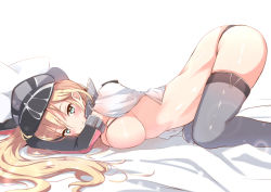 Rule 34 | 10s, 1girl, all fours, bismarck (kancolle), black panties, blonde hair, blush, breast press, breasts, closed mouth, elbow gloves, ging1993, gloves, green eyes, grey thighhighs, hat, kantai collection, large breasts, long hair, looking at viewer, no bra, on bed, panties, peaked cap, smile, solo, thighhighs, top-down bottom-up, underwear, white background