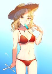 Rule 34 | 1girl, bikini, blue background, breasts, brown bikini, cleavage, commentary request, cowboy shot, cross, cross necklace, food, food in mouth, frilled hat, frills, gluteal fold, gradient background, groin, hat, holding, holding cross, ice cream, jacket girl (dipp), jewelry, kaede (mmkeyy), medium breasts, medium hair, midriff, mouth hold, navel, necklace, popsicle, solo, stomach, straw hat, sun hat, sweatdrop, swimsuit, touhou, translation request, wavy hair, yellow eyes