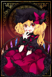 Rule 34 | 1girl, alternate costume, arm between legs, black hat, blonde hair, blush, bow, crystal, dress, fang, flandre scarlet, frilled dress, frills, gothic lolita, hair between eyes, hand to own mouth, hat, hat bow, lolita fashion, medium hair, mob cap, nail polish, open mouth, puffy short sleeves, puffy sleeves, red bow, red dress, red eyes, red nails, short sleeves, side ponytail, solo, touhou, v-shaped eyebrows, wings, wrist cuffs, yuya n