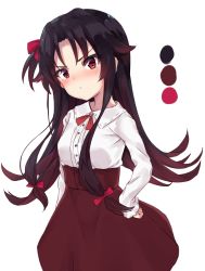 Rule 34 | 1girl, black hair, blush, bow, bowtie, closed mouth, collared shirt, color guide, gradient hair, high-waist skirt, highres, long sleeves, looking at viewer, minikon, multicolored hair, parted bangs, red bow, red bowtie, red eyes, red hair, red skirt, ryuuou no oshigoto!, shirt, simple background, skirt, solo, upper body, v-shaped eyebrows, white background, white shirt, wing collar, yashajin ai