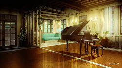 Rule 34 | building, ceiling light, couch, curtains, door, flower, grand piano, indoors, instrument, mocha (cotton), night, no humans, original, piano, piano bench, plant, potted plant, scenery, shadow, stack, twitter username, wall lamp, white flower, window, wooden floor